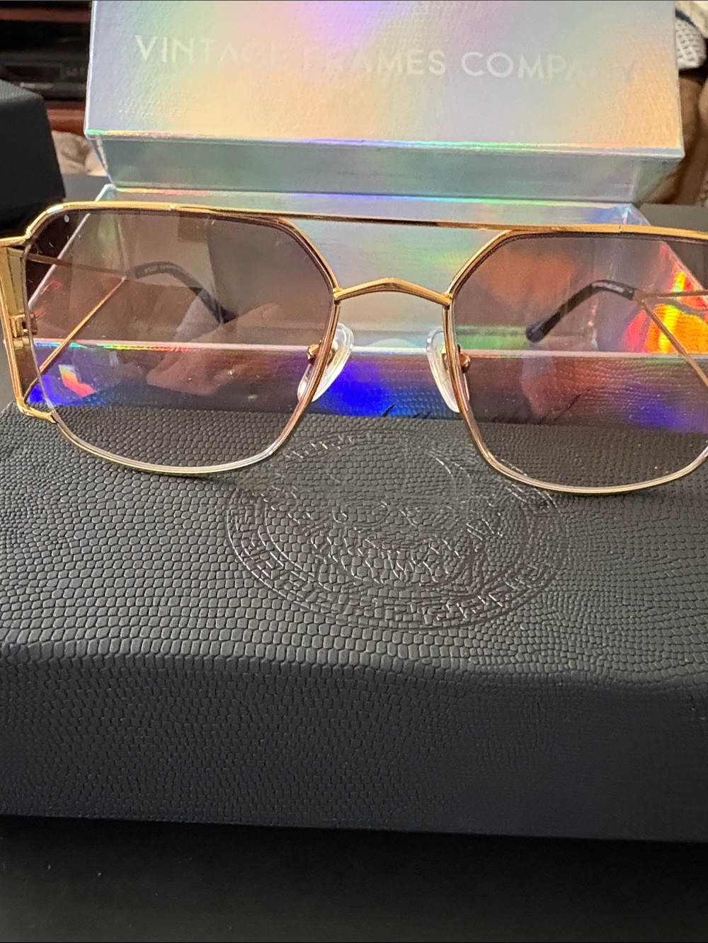 Gold Metal Aviator Glasses with Light Pink Lenses